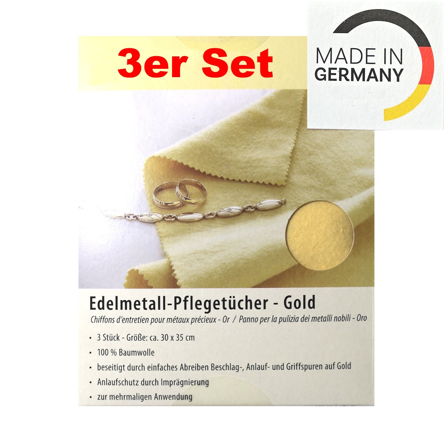 3er Pack Pflegetuch Pflegetücher Gold Silber Kupfer Messing Schmuck Poliertuch 30x35cm
