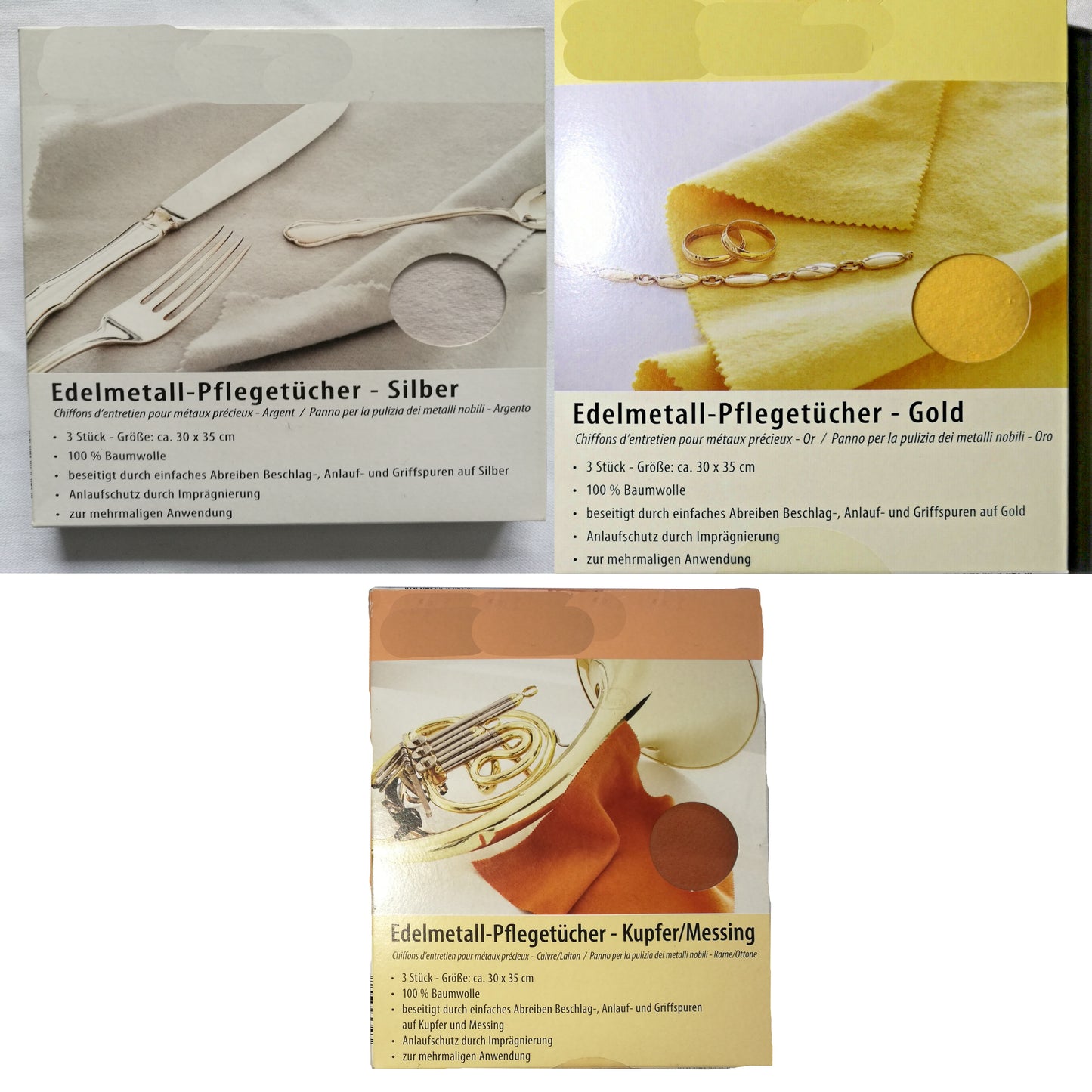 3er Pack Pflegetuch Pflegetücher Gold Silber Kupfer Messing Schmuck Poliertuch 30x35cm